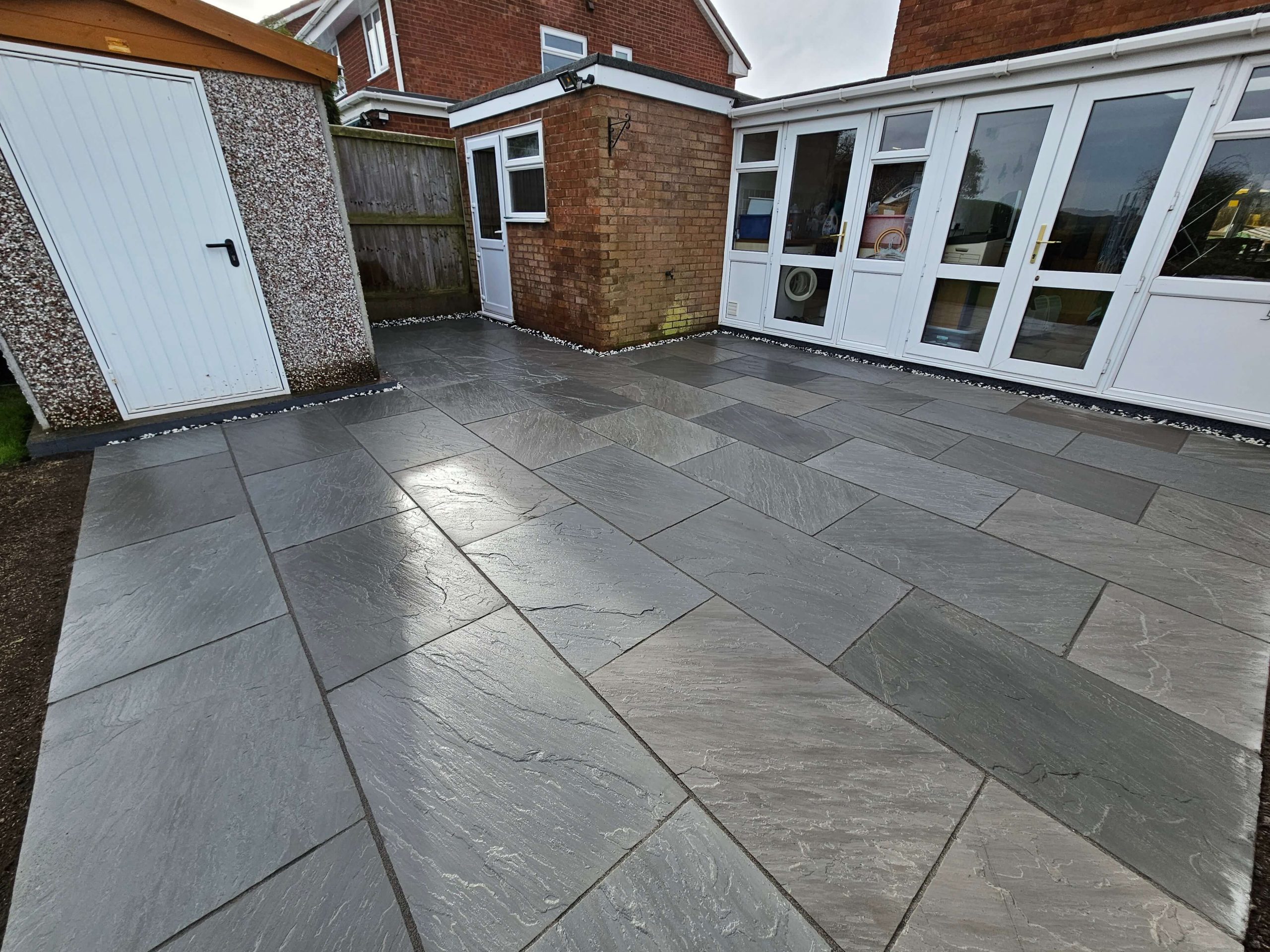 Grey patio paving with stone-effect slabs in Staffordshire